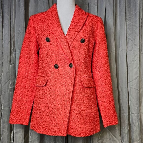 LOFT Rapture Red Coral Trendy Career Professional  Double Breasted Tweed Blazer - Picture 3 of 13